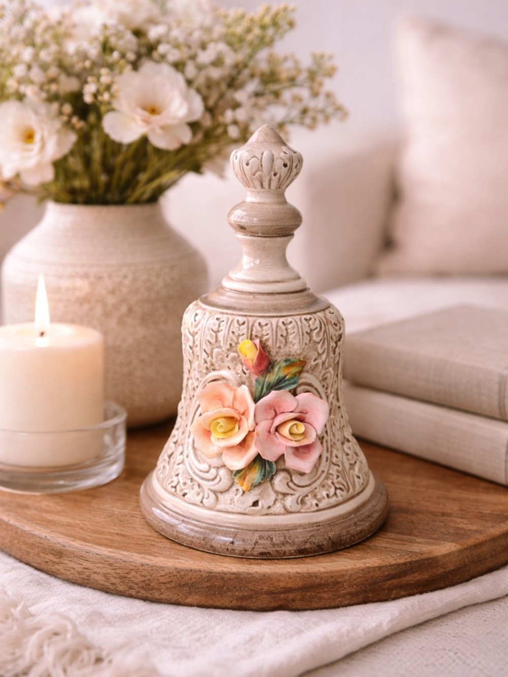 Vintage Capodimonte Italian Ceramic Bell Hand Painted Roses Porcelain Ceramic